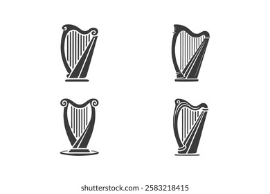 Irish Harp Icon Set—Traditional St. Patrick’s Day Symbols in Black Silhouette Style