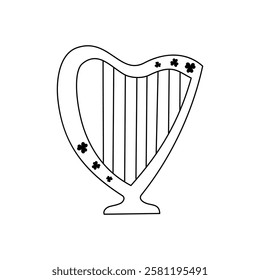 Irish harp with shamrock ornament. St Patricks Day symbol. Vector doodle illustration. Patricks Day March 17 design element, object isolated. Festive harp traditional musical instrument.