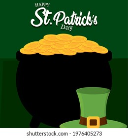 Irish hat ang golden coins in a pot Saint patricks day Vector illustration