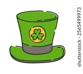 Irish Hat Illustration, Green leprechaun hat with a shamrock emblem Illustration, symbolizing Irish culture and St. Patrick