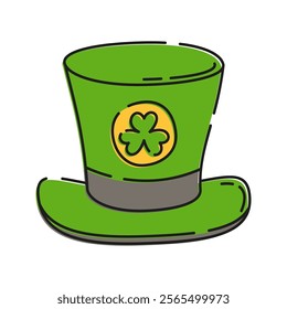 Irish Hat Illustration, Green leprechaun hat with a shamrock emblem Illustration, symbolizing Irish culture and St. Patrick's Day.