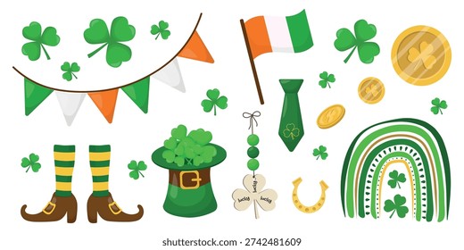 Irish Holiday Elements Collection with Leprechaun Hat and Rainbow