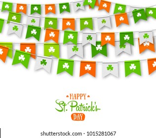 Irish holiday - happy Saint Patrick's Day backdrop with garland flags. Colorful festive bunting with clover on white background. Vector illustration for greeting card, poster, celebration banner
