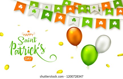 Irish holiday - happy Saint Patrick's Day background with garland flags, coins and balloons. Colorful festive bunting with clover. Vector illustration for greeting card, poster, celebration banner