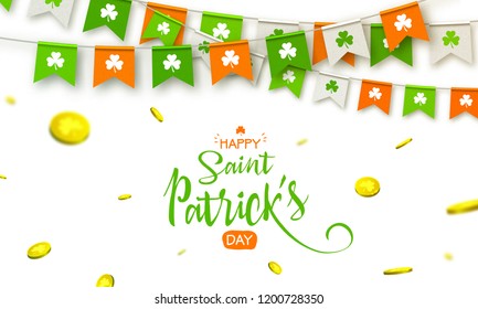 Irish holiday - happy Saint Patrick's Day background with garland flags and coins. Colorful festive bunting with clover. Vector illustration for greeting card, poster, celebration banner