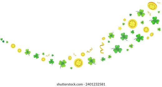 Vacaciones irlandesas - feliz San Patricio de fondo. Papel dorado, trébol y monedas voladoras. Ilustración vectorial para tarjeta de saludo, afiche, banner de celebración