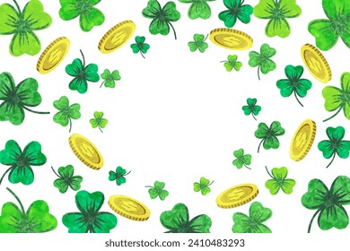 Irish holiday - happy Saint Patrick's Day background. Clover and flying coins. Vector illustration for greeting card, poster, celebration banner