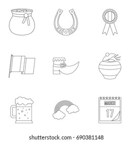 Irish holiday Patrick icon set. Outline style set of 9 irish holiday Patrick vector icons for web isolated on white background