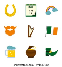 Irish holiday Patrick icon set. Flat style set of 9 irish holiday Patrick vector icons for web isolated on white background