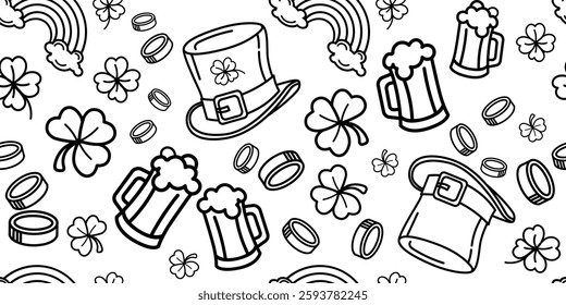 Irish holiday pattern with leprechaun hats, beer, and shamrocks Seamless black and white pattern with St. Patricks Day symbols for festive backgrounds, holiday decorations, coloring pages.Vector 