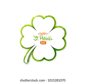 Irish holiday Saint Patrick's Day. White quatrefoil clover on green watercolor background. Vector illustration with four-leaf clover for greeting card, poster, celebration banner