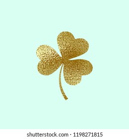 Irish holiday. Saint Patricks day. Gold Leaves clover. Vector illustration. Irish shamrock. St. Patrick s day symbol. Golden Three leaf icon.