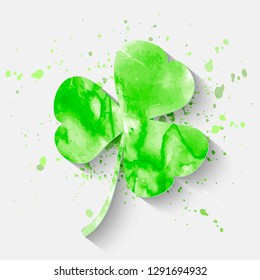 Irish holiday Saint Patrick's Day. Green watercolor trifolium clover. Vector illustration with  for greeting card, poster, celebration banner