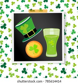 Irish holiday Saint Patrick's Day. Old photo on the wall of gold coins, glass of beer and hat on green background. Vector illustration