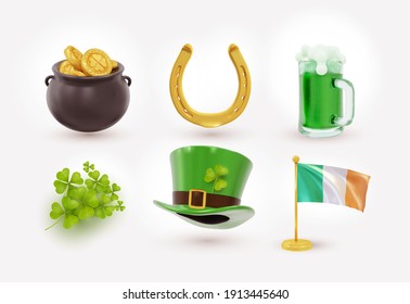 Irish holiday St Patrick day, gold coins in pot. Set of Irish St Patrick's day consisting of pot of gold coins, green hat, flag, horseshoe. Realistic design elements. Vector illustration.