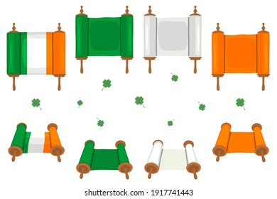 Irish holiday St Patrick day, big set scrolls paper ribbon. St Patrick day consisting of many different scrolls paper ribbon on background. Scrolls paper ribbon it main accessory for St Patrick day.