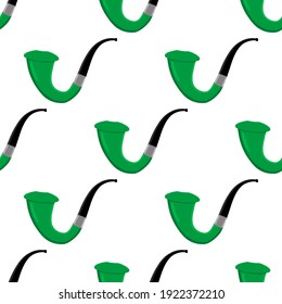 Irish holiday St Patrick day, seamless green smoking pipes. Pattern St Patrick day consisting of many identical smoking pipes on white background. Smoking pipes it main accessory for St Patrick day.
