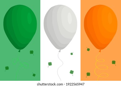 Irish holiday St Patrick day, big set bright helium balloons. Pattern St Patrick day consisting of different helium balloons on colored background. Helium balloons it main accessory for St Patrick day