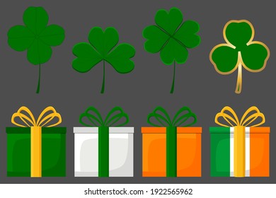 Irish holiday St Patrick day, big set gift boxes with ribbon. Pattern St Patrick day consisting of many different gift boxes in ribbon. Gift boxes from ribbon it main accessory for St Patrick day.