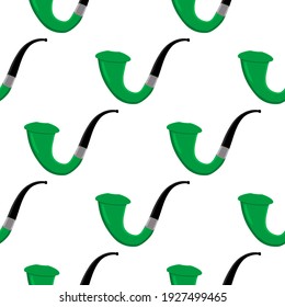 Irish holiday St Patrick day, seamless green smoking pipes. Pattern St Patrick day consisting of many identical smoking pipes on white background. Smoking pipes it main accessory for St Patrick day.