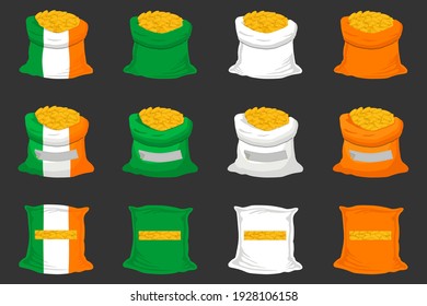 Irish holiday St Patrick day, big set color bags of coins. Pattern St Patrick day consisting from many different coins in bags on black background. Coins on bags it main accessory for St Patrick day.