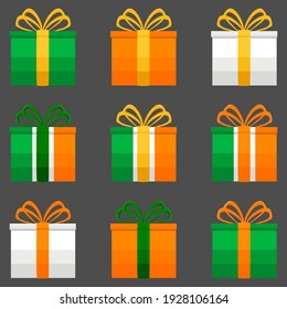 Irish holiday St Patrick day, big set gift boxes with ribbon. Pattern St Patrick day consisting of many different gift boxes in ribbon. Gift boxes from ribbon it main accessory for St Patrick day.