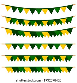 Irish holiday St Patrick day, big set from flags on rope. Pattern St Patrick day consisting of many different flags at rope on bright background. Flags in rope it main accessory for St Patrick day.