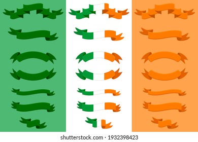 Irish holiday St Patrick day, big set scrolls paper ribbon. St Patrick day consisting of many different scrolls paper ribbon on background. Scrolls paper ribbon it main accessory for St Patrick day.