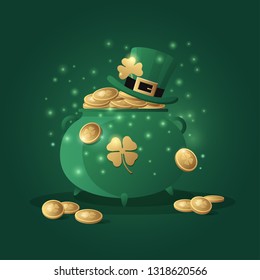 Irish holiday St. Patrick's Day. Festive symbols: a green pot with a treasure of gold coins, a Leprechaun hat and lucky clover. Vector illustration on green background.