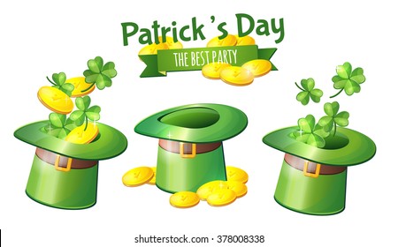 Irish holiday, St. Patrick's Day, treasures, luck. Logo, flyer design. Green, without a background, vector. Patricks Day. Set of hats.