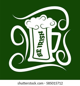 Irish holiday traditional logo design element for vector greeting card or celebration feast text template. Saint Patrick day symbol of green ale beer mug.