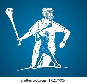 Irish Hurley Sport. Group of Hurling Sport Players Action.  Cartoon Graphic Vector.