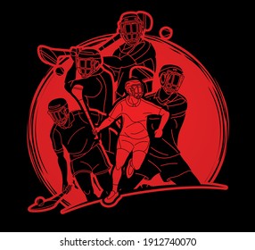Irish Hurley Sport. Group of Hurling Sport Players Action.  Cartoon Graphic Vector.