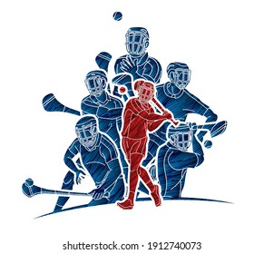 Irish Hurley Sport. Group of Hurling Sport Players Action.  Cartoon Graphic Vector.