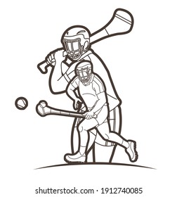 Irish Hurley Sport. Group of Hurling Sport Players Action.  Cartoon Graphic Vector.