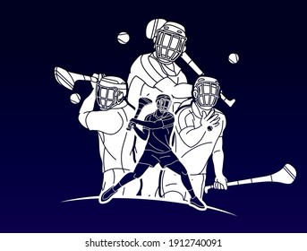 Irish Hurley Sport. Group of Hurling Sport Players Action.  Cartoon Graphic Vector.