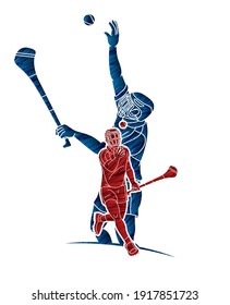 Irish Hurley Sport. Group of Hurling Sport Players Action. Cartoon Graphic Vector
