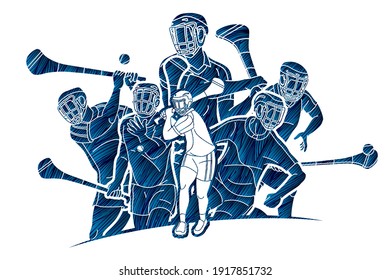 Irish Hurley Sport. Group of Hurling Sport Players Action. Cartoon Graphic Vector
