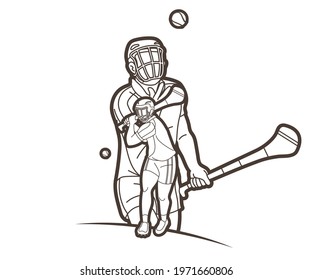 Irish Hurley Sport. Group of Hurling Sport Players Action. Cartoon Graphic Vector