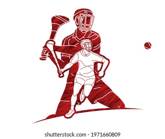 Irish Hurley Sport. Group of Hurling Sport Players Action. Cartoon Graphic Vector