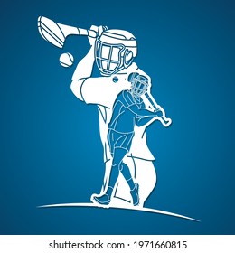 Irish Hurley Sport. Group of Hurling Sport Players Action. Cartoon Graphic Vector