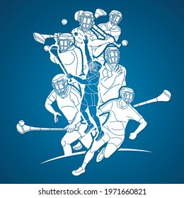 Irish Hurley Sport. Group of Hurling Sport Players Action. Cartoon Graphic Vector