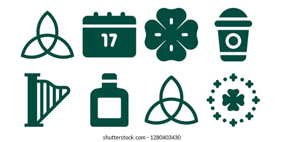 irish icon set. 8 filled irish icons. Simple modern icons about  - Harp, Triquetra, Whisky, Saint Patrick, Clover, Frappe