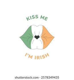 Irish kiss. Lips in the colors of the Irish flag and a funny quote, Kiss me I'm Irish. St Patrick's Day design element for tee shirt, card, poster, sticker.