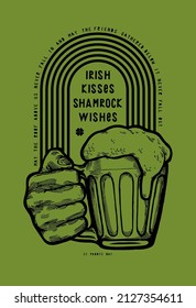 Irish kisses shamrock wishes. Hand with beer rainbow t-shirt print for St.Patrick's day.