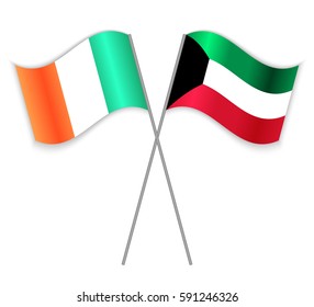 Irish and Kuwaiti crossed flags. Ireland combined with Kuwait isolated on white. Language learning, international business or travel concept.