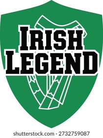 Irish Legend shield typography design vector illustration for St Patricks Day celtic heritage and pride emblem on transparent background.