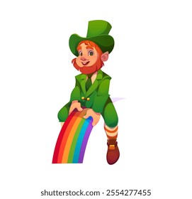 Irish leprechaun cartoon character riding rainbow for St Patrick day holiday, vector personage. Saint Patrick Day or Ireland holiday funny happy cartoon leprechaun man character sitting on rainbow