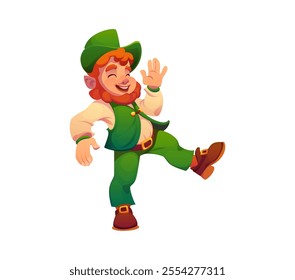 Irish leprechaun cartoon man character dancing on St Patrick day, vector personage. Saint Patrick Day or Ireland holiday funny cartoon leprechaun character dancing Celtic dance on celebration