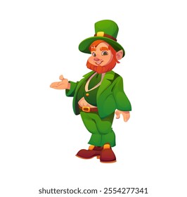 Irish leprechaun cartoon man character for Saint Patrick day holiday, vector personage. St Patrick Day or Ireland Celtic culture cartoon character of leprechaun with ginger red beard in green costume